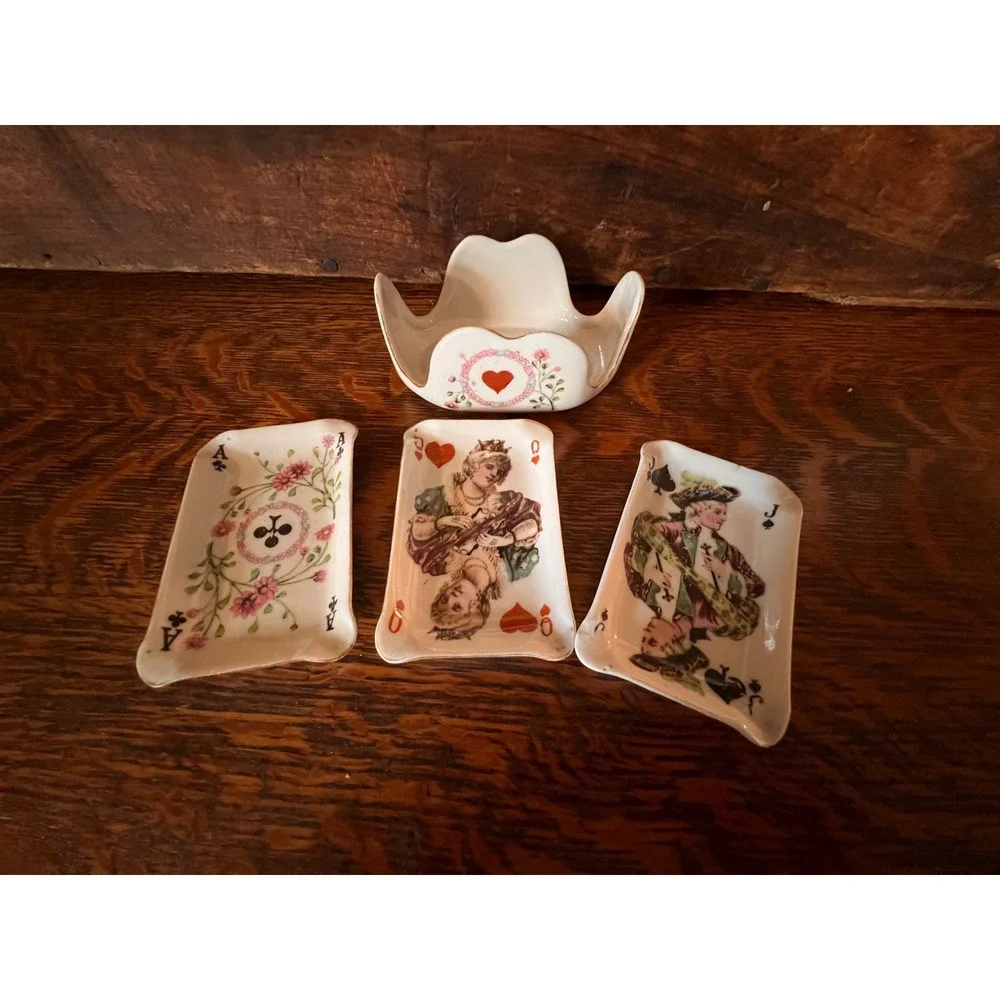 Vintage Japan Ceramic Bridge Set Playing Cards AshTrays Holder Queen Jack Ace